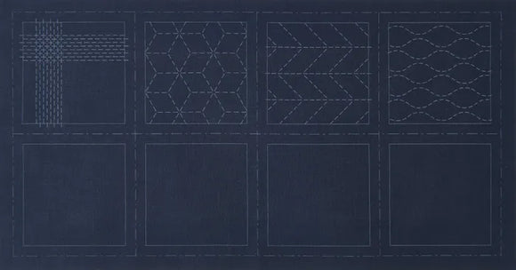 Cosmo Hidimari Sashiko Sampler Pre Printed Fabric Panel by Lecien - 4 Small Squares in Navy