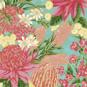 The Textile Pantry "Under the Australian Sun Collection - Floral in Teal/Pink" Fabric by Leesa Chandler